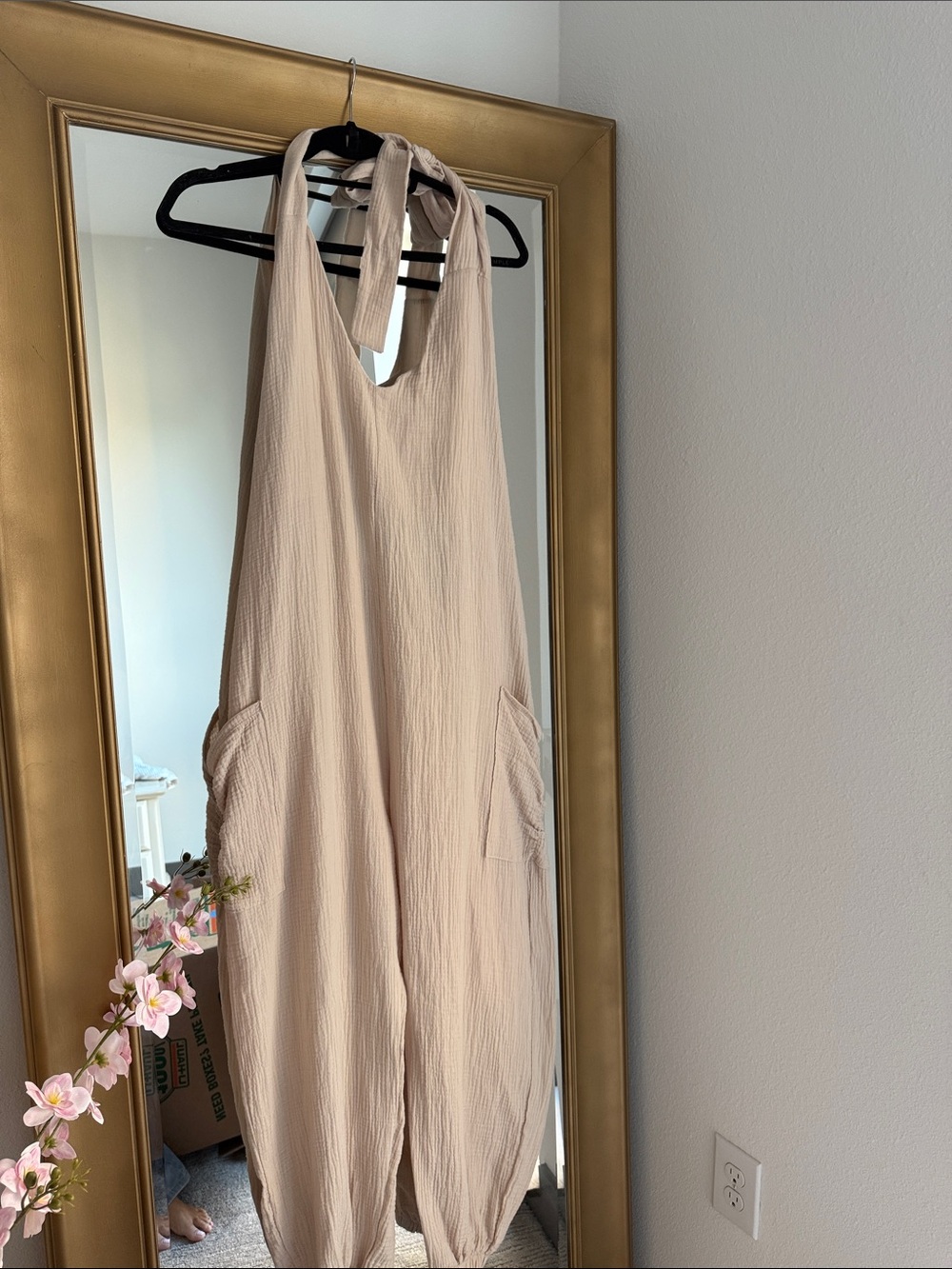 Halter Neck Cream Jumpsuit with Side Pockets